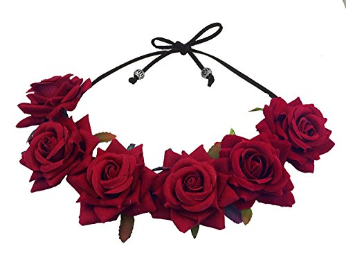 Floral Fall Rose Red Rose Flower Crown Woodland Hair Wreath Festival Headband F-67 (3-Burgundy)