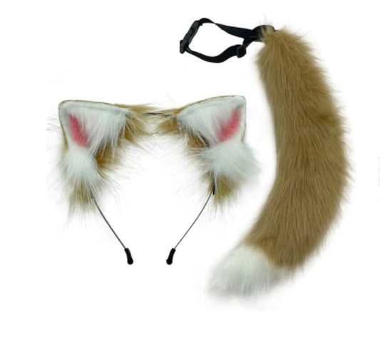 Wolf Ears Headbands Tail Furry Animal Ears Headwear Fox Kitten Cat Hair Hoop for Halloween (White Ears Tail)