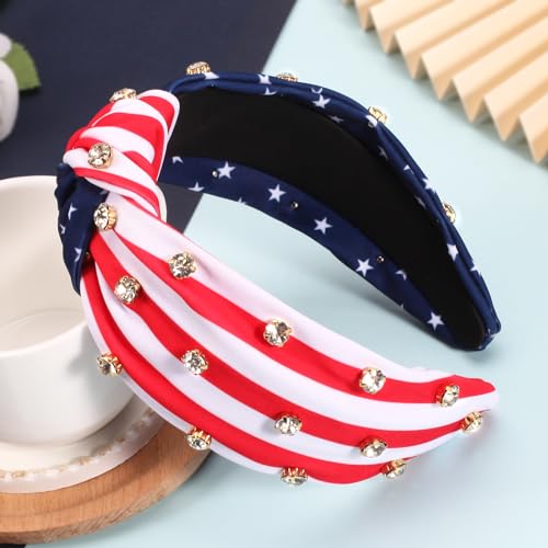 Ardorchid American Flag Knotted Headbands 4th of July Independence Day USA Patriotic Rhinestone Hair Accessories Wide Knotted Headbands for Women Girls Gifts