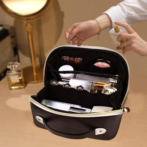 Prite Makeup Bag for Women Travel Waterproof Vegan Leather Cosmetic Bag Open Flat Toiletry Bag With Clear Divider and Handle (Plaid Pink)