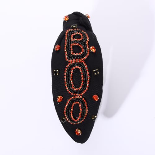 boderier Halloween Headbands for Women Beaded BOO Knotted Headband Jeweled Crystal Embellished Wide Headband Halloween Party Cosplay Hair Accessories (BOO)