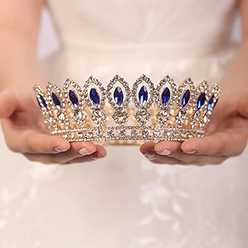 Wekicici Crystal Queen Crowns Wedding Blue Tiaras Full Round Pageant Crown Headband Hair Accessories for Birthday Pageant Prom Bridal Party Halloween Costume for Women(Blue) weki-3-crown-3-blue