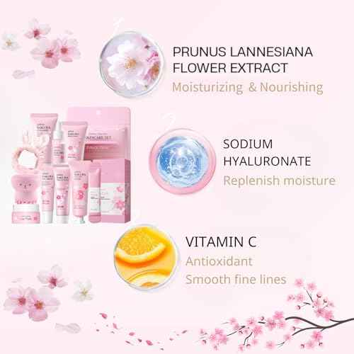 Japan Sakura Skin Care Set for Teen Girls - Evolvique Skin Care for Teens 10-12 - Skincare for Girls 10-12 - Skin Care Kit Gift Set for Women with Cleanser,Serum,Cream(One Size, 8PCS Sakura Scent)