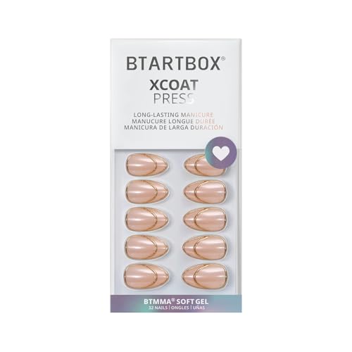 BTArtbox French Tip Press On Nails - Sparkle Bow, Lamp-Curable Short Almond Press On Nails with Glue and Adhesive Tabs for Women in 16 Sizes - 32 Soft Gel Glue On Nails Kit