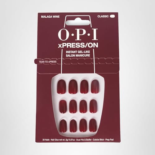 OPI xPRESS/ON Malaga Wine | Dark Red Short Round Press On Nails | With Nail Glue | Long Lasting, Reusable, Non-damaging