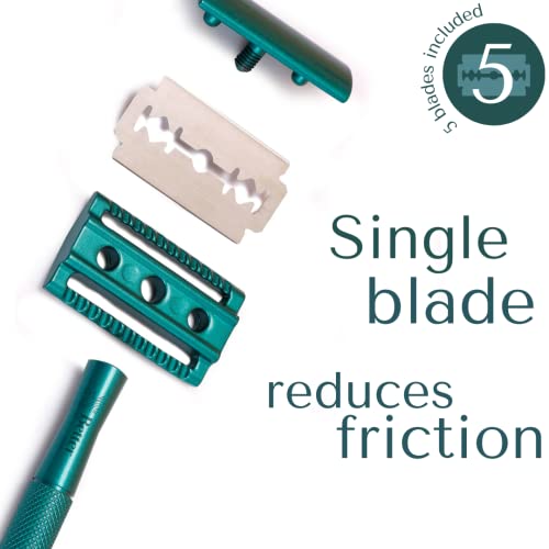 Bettershave Single Blade Razors for Women Set (Reusable metal handle + 5 blades) Safety Razor for Women Shaving Sensitive Skin on Body, Legs and Bikini area - Teal