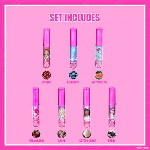 Barbie 7 Piece Plant Based Lip Gloss, Girls Party Favors, First Makeup Set for Girl, Perfect for Parties, Sleepovers, and Birthday Gifts, Ages 3+, by Townley Girl