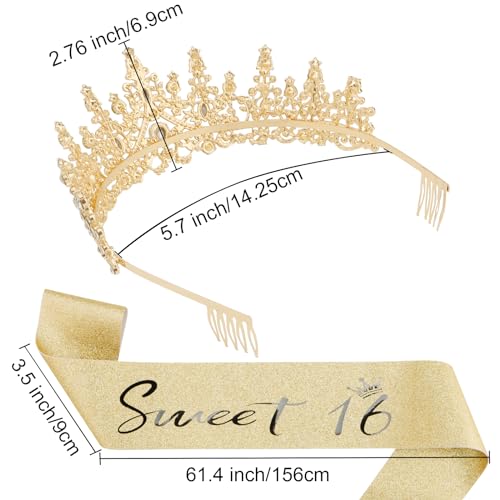 Canitor Sweet 16 Birthday Sashes and Tiaras for Girls 16th Crowns and Sash for Women 16th Birthday Party Decorations Birthday Gifts Party Supplies (gold)