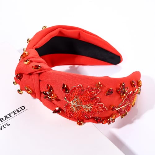 ZOLEAROPY Thanksgiving Headband Fall Headband Accessories Rhinestone Crystal Beaded Maple Leaf Knotted Hairband Fall Autumn Wide Head Band Thanksgiving Party Costume Gift