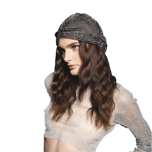 Sparkly Rhinestones Mesh Headband Beanie Women Girls Crystal Net Turban Headwrap Headpiece Glittery Christmas Halloween Costume Hairbands Nightclub Rave Party Head Cover Wraps Headscarf