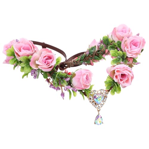 RENEMEGO Pink Rose Fairy Crown - Handmade Floral Crown Elf Floral Headband with Heart Crystal Elven Leaf Headpiece Hair Wreath for Women Girls Wedding Cosplay Party Maternity Props Accessories