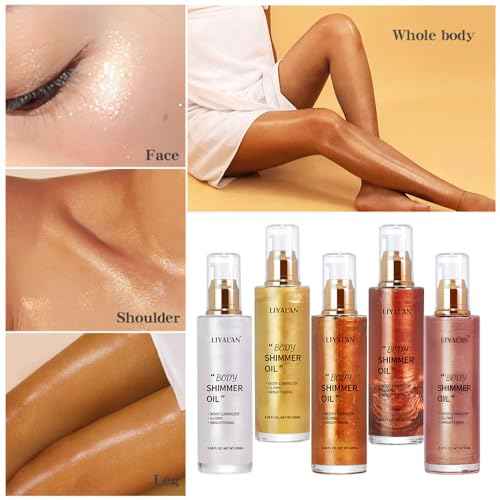 Liyalan Shimmer Body Oil 5 Color Gold 3.38 Fl Oz Face Glow Pearl Highlighter Illuminator Body Makeup Shine Glitter Gold Liquid Taning