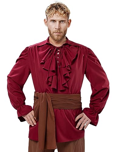 Irtysh Men's Renaissance Victorian Medieval Pirate Shirt Lace Up Colonial Steampunk Costume Tops Waist Belt Set(Red S)