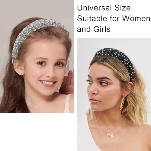 AHONEY 2 Pack Rhinestone Headband for Women Girls, 4th of July Glitter Sequin Beaded Pearls Padded Headbands for Women Prom Sparkly Hair Bling Hair Accessories (Red&White)