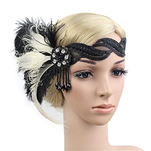 Roaring Art Deco 1920s Headpieces for Women Flapper Headband 20s Gatsby Costume Peacock Hair Accessories 07Multi Black