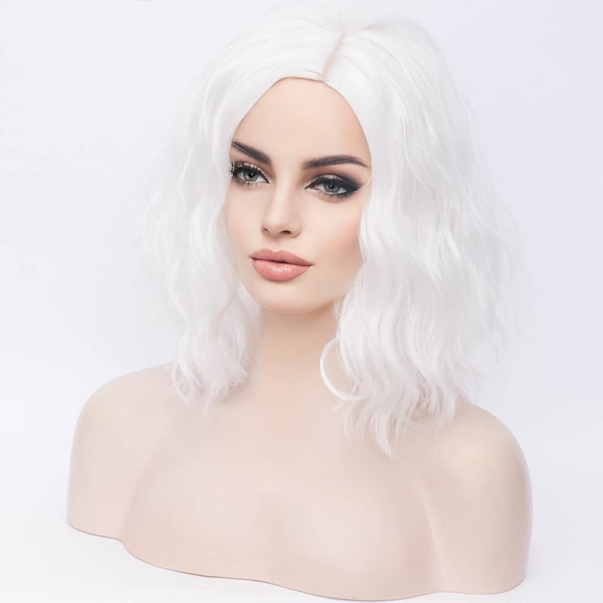 MAGQOO White Wig for Women Girls White Bob Wig Short White Wigs White Curly Wavy Wigs Side Part Synthetic Halloween Cosplay Costume Party Wigs