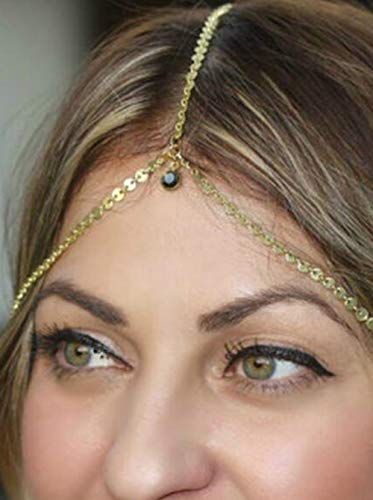 Missgrace Wedding Bridal Goddess Bohemian Silver Gold Blue Rhinestones Drop Sequins Head Chain Hair Jewelry Head Piece Gypsy Hair Accessories for Women and Girls (Gold)