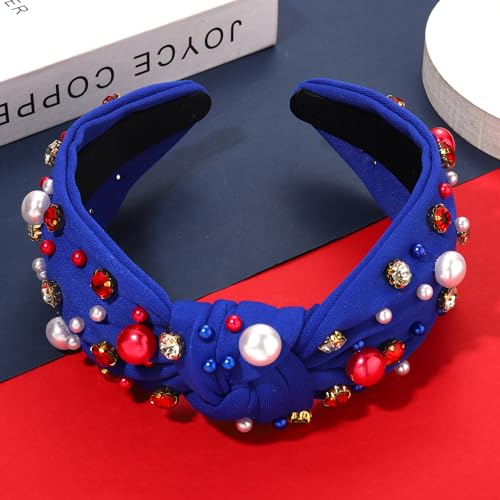 GLBCC American Flag Headband USA Red White Blue Pearl Rhinestone Jeweled Knotted Hairband 4 th of July Patriotic Fashion Wide Top Knot Headband Summer Party Hair Accessories