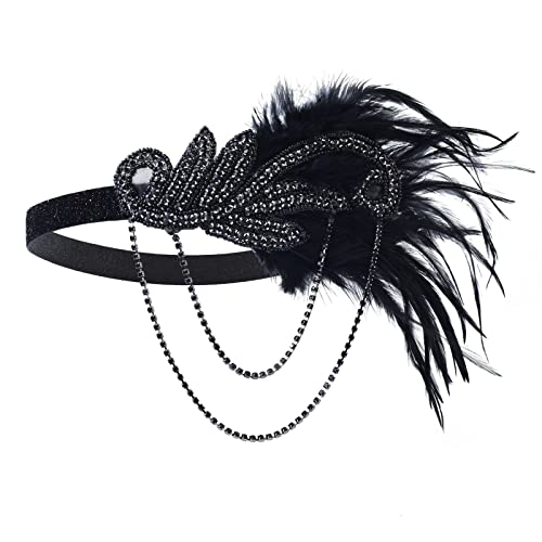 1920s Vintage Flapper Headbands Crystal Headpiece Ostrich Feather Hair Band for Women Girls Prom Party Festival Gatsby Hair Jewelry (A-Black)