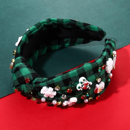 Christmas Holiday Headband for Women Christmas Accessories Cute Reindeer Snowflake Candy Cane Knotted Headband Red Green Beaded Rhinestone Pearl Wide Top Knot Headband Xmas Plaid Hairband Gifts