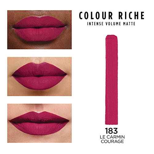 L'Oreal Paris Colour Riche Intense Volume Matte Lipstick, Lip Color Infused with Hyaluronic Acid for up to 16hr All Day Comfort, Le Carmin Courage, 0.06 oz