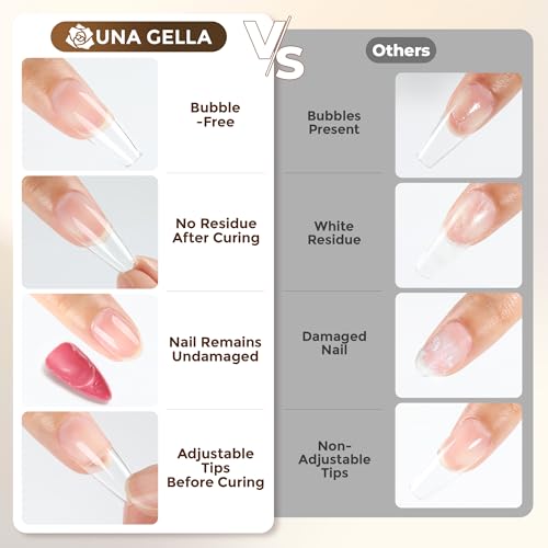 UNA GELLA Short Almond Fake Nails 216pcs Pre-Shape Gel Acrylic Nail Tips for Full Cover Nail Extension Home DIY Nail Salon 12 Sizes Gelly Tips