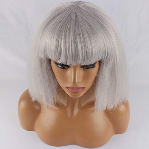 WeKen Women's Fashion Wig Short Bob Kinky Straight Full Bangs Synthetic Gray