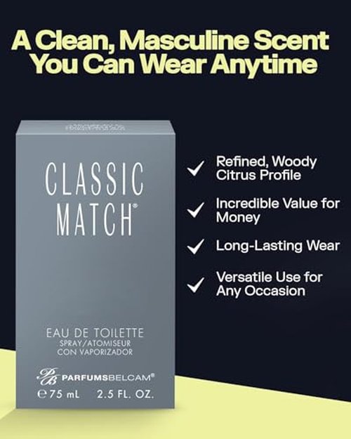PB ParfumsBelcam Classic Match CM Eau De Toilette Spray, Fresh and Elegant Fragrance for Men, Woody and Floral Notes, Long-Lasting Scent, Men’s Cologne for Everyday Wear, 2.5 Fl Oz