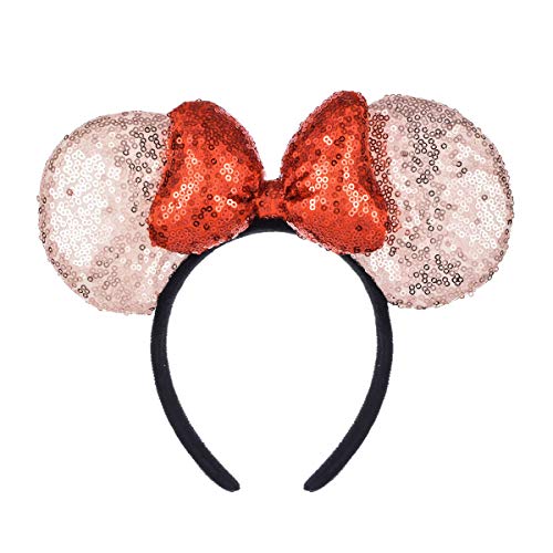 A Miaow 3D Black Mouse Sequin Ears Headband MM Glitter Butterfly Hair Clasp Park Supply Adults Women Photo Accessory (Champagne and Red)