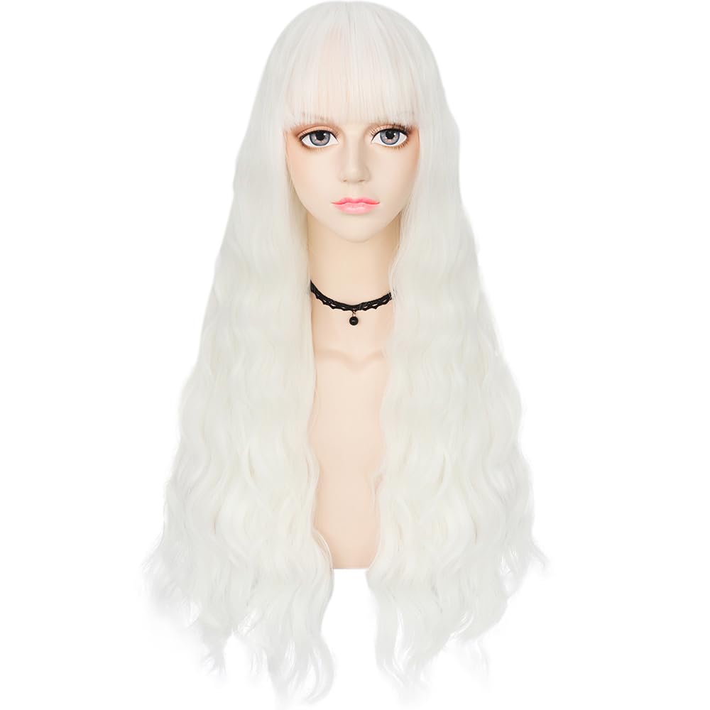 IMEYLE Wig White Wig with Bangs for Women Long Natural Curly Wig Heat Resistant Synthetic Wig Cosplay Wig for Halloween Costume Party + Wig Cap