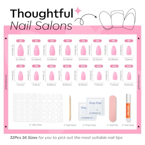 Modelones Press on Nails Almond, Raspberry Spring Short Fake Nails, Reusable Nail Kit with Nail Glue Adhesive Tabs Mini Nail File, Nails Press Ons 32Pcs 16 Sizes, Women Girl Gift ﻿