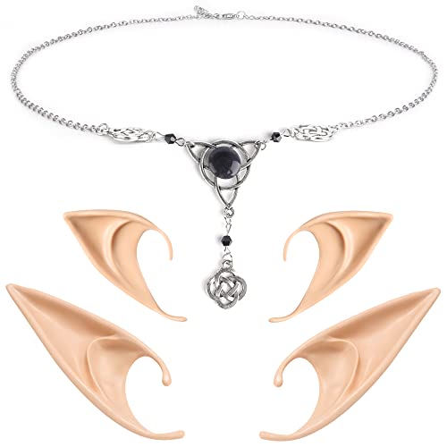 FRESHME Fairy Elf Ears with Celtic Headpiece Kit - Elf Ears and Celtic Knot Head Chain Boho Crystal Bead Head Pendant Headband Women s Halloween Renaissance LARP Cosplay Costume
