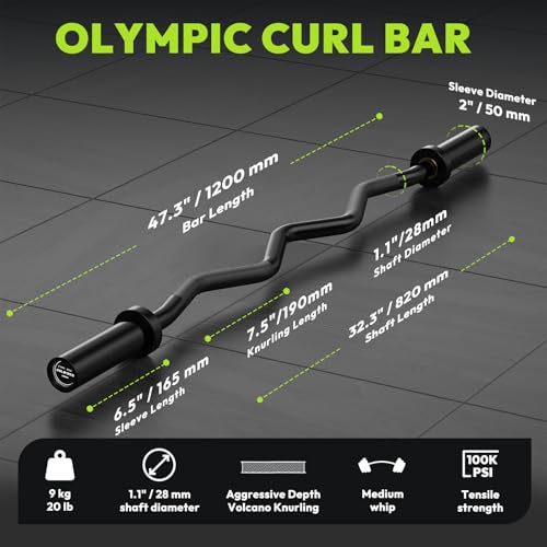 Olympic EZ Curl Barbell Bar 4ft / 6.2ft for Weight Lifting, Hip Thrusts, Squat, Biceps - Home Gym Chrome Curling Bar for 2 Inch Weight Plates, 500lb / 700lb Capacity