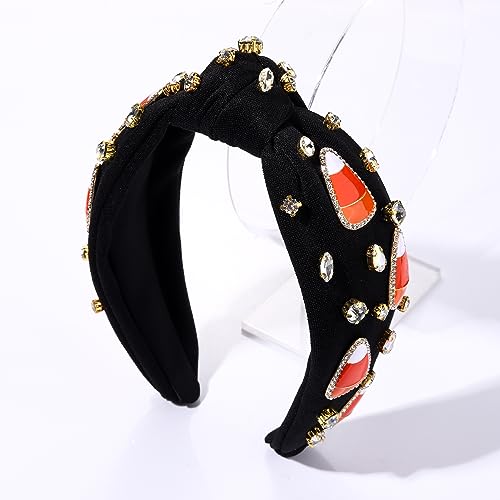 Halloween Headbands Rhinestone Knotted Headband for Women Crystal Spider Candy Corn Jeweled Embellished Wide Top Knot Hairband Halloween Cosplay Party Hair Accessories (Candy Corn Knot Hairband)