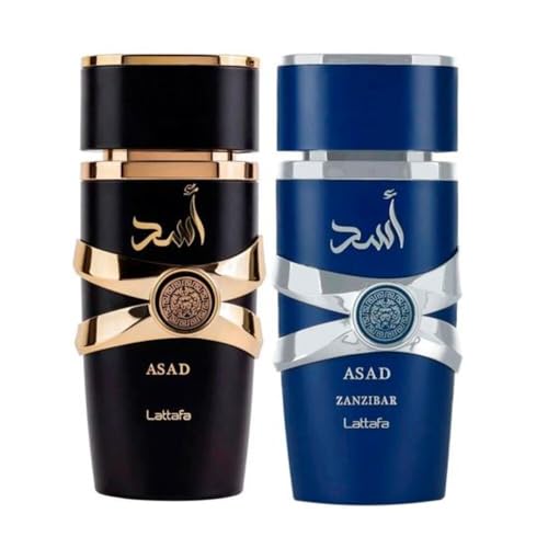 Lattafa Asad 5th Anniversary Edition ? Spicy, Woody, Amber, Sweet ? 2 Piece Eau de Parfum Gift Set for Men (Asad + Asad Zanzibar, 2 ¡¿ 3.4 Ounce / 100 ml Sprays)