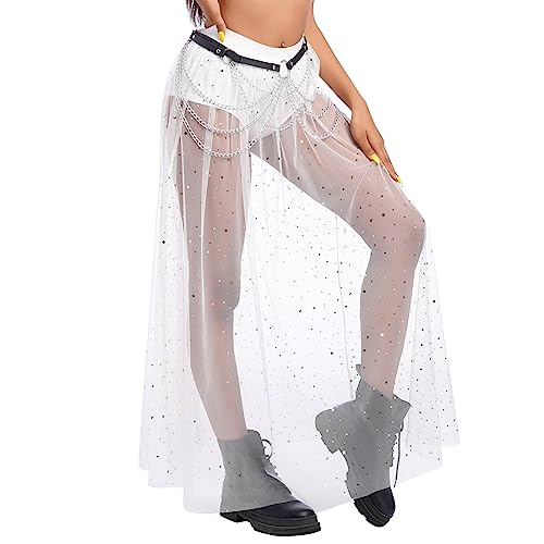 Women's Sheer Mesh 2 in 1 Glitter Sequin Elasticized High Waist A Line Party Maxi Skirt Sparkle Galaxy Sequin Tulle Cover ups Festival Outfits Costume White Stars S