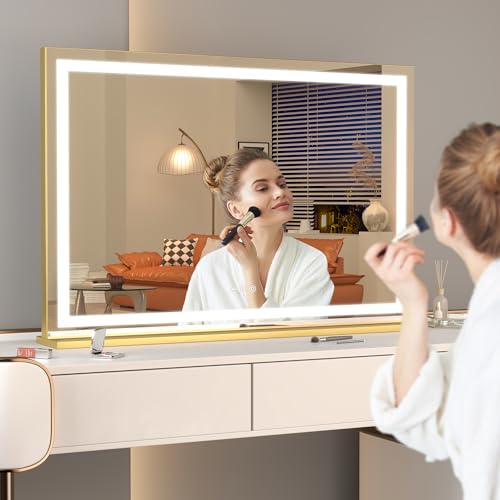 Hasipu Vanity Mirror with Lights, 41.3" x 30" LED Makeup Mirror, Lighted Makeup Mirror with Dimmable 3 Modes, Touch Screen Control Vanity Mirror Round White