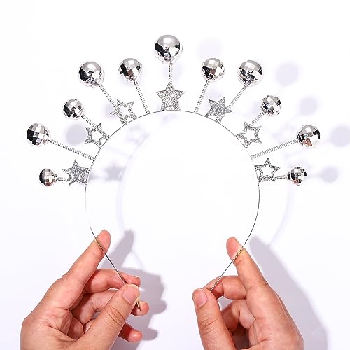 HEIDKRUEGER Disco Ball Headband Rhinestone Star Mirrorball Hairbands for Women Festive Holiday Parade Hair Hoop (Star and Disco Ball Headband)