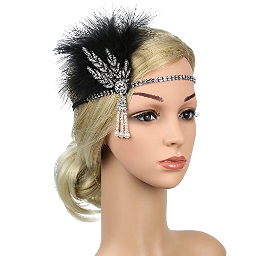 1920s Flapper Feather Headband Art Decor Gatsby Rhinestone Leaf Medallion Imitation Pearl Headpiece Hair Accessories Women (Black)