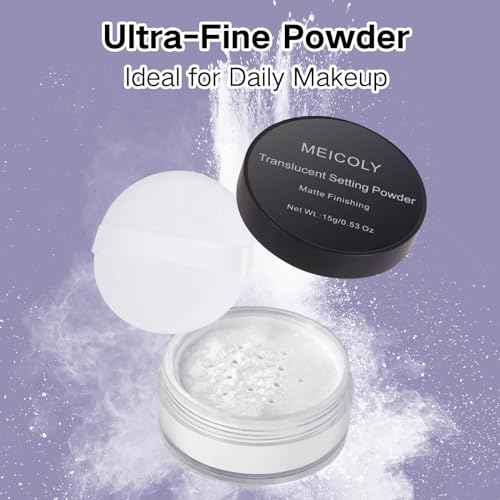 MEICOLY Talc-Free Setting Powder with Sifter,Long Lasting Loose Face Powder,Translucent Powder Colorset Powder,Matte Finishing White Face Paint Setting Powder for Halloween SFX Makeup,Oil Control