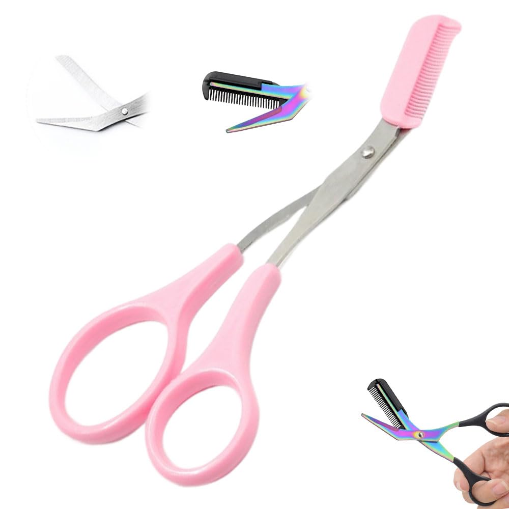 Eyebrow Trimmer Scissor, 2025 New Eyebrow Scissors with Comb, Non-Slip Stainless Steel Eyebrow Trimming Scissors, Eyebrow Cutter Hair Removal Eyebrow Scissors Makeup Tool for Women Men (Pale Pink)