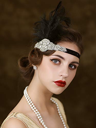 SWEETV 1920s Headpiece Flapper Headband, Rhinestone Feather Great Gatsby Headpiece Hair Accessories for Women (Black)