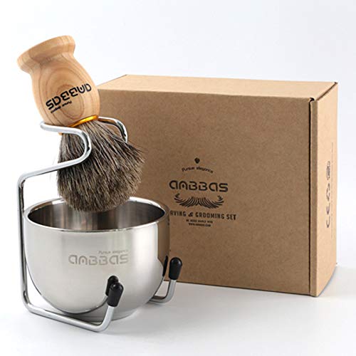 Anbbas Badger Hair Shaving Brush with Wooden Handle Stainless Steel Shaving Stand and Shaving Soap Bowl for Men Wet Shave