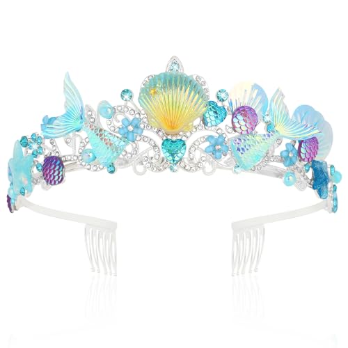 BAHABY Mermaid Crown for Birthday Decorations - Seashell Tiaras for Women Girls, Mermaid Costume Princess Crown - Blue