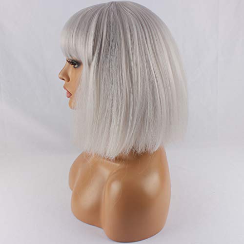 WeKen Women's Fashion Wig Short Bob Kinky Straight Full Bangs Synthetic Gray