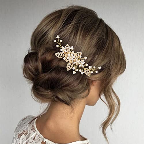 Gorais Pearl Bride Wedding Hair Comb Crystal Bridal Hair Piece Leaf Wedding Hair Accessories Floral Rhinestone Hair Clip Side Combs for Women and Girls