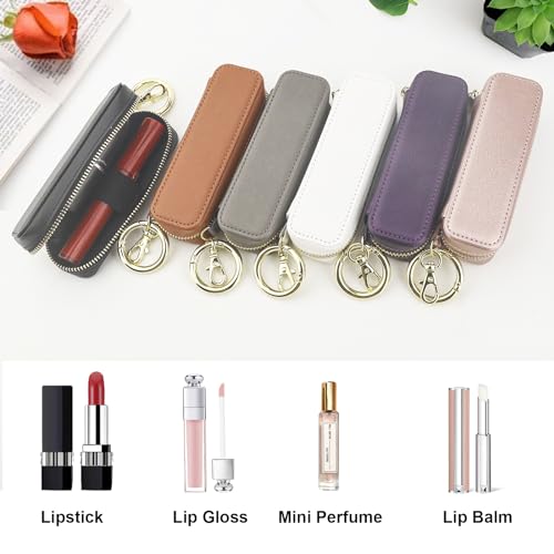 Bocasal Leather Lipstick Case Holder Chapstick Keychain Pouch, Zipper Lip Balm Lip Gloss Bag for Purse with Key Chain Elastic Band, Makeup Travel Organizer Cosmetic Storage Kit for Women Girls (Black)