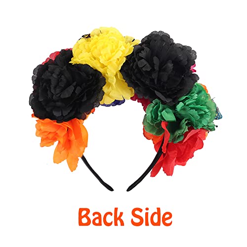 Mexican Flower Crown Headband with Butterfly, Day of the Dead Headpiece, Halloween Easter Festival Headwear, Dia De Los Muertos Hairhoop (Mexican B)