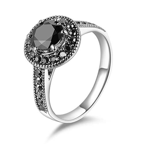 Aprilery Black Rings for Women, Fashion Vintage Statement Rings Band Marcasite Stone Cocktail Costume Hypoallergenic Jewelry for Her (Black Stone, 7)