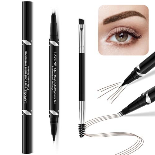 LAVONE Eyebrow Pen,2-IN-1 Dual-ended Waterproof Eyebrow Pencil,with 4 Tip Microblading Eyebrow Pen and Ultra-Precise Brow Pencil,Dual-ended Eyebrow Brush,Eyebrows Makeup for Natural Looking-Dark Brown